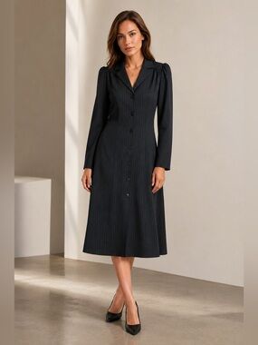 Vintage Edith Flagg California Black Pinstripe Button Front Shirt Dress  12